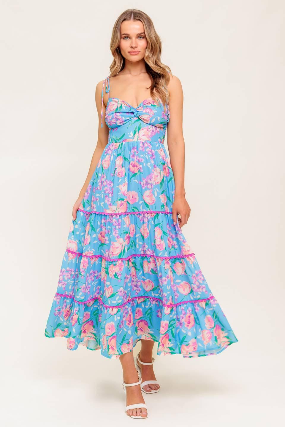 SOFT BLOOM BLUE WOVEN MIDI DRESS