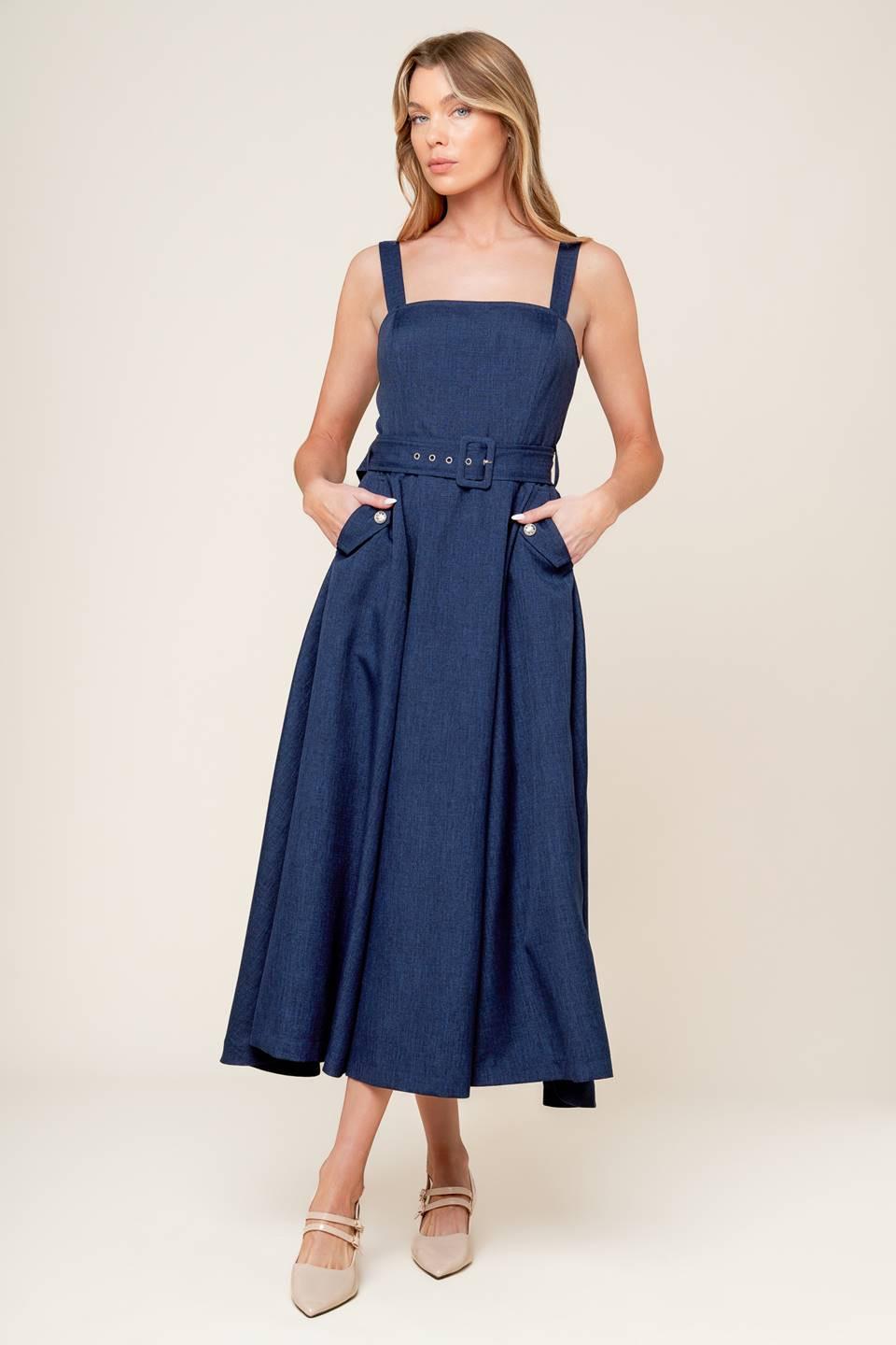 RAULAND NAVY WOVEN MIDI DRESS