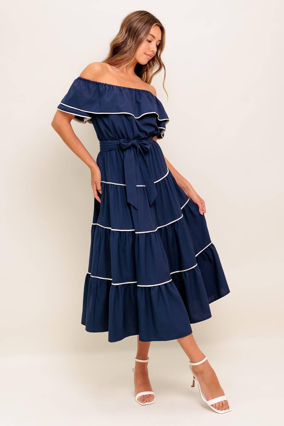 BUTTERCREAM DREAM NAVY WOVEN MIDI DRESS