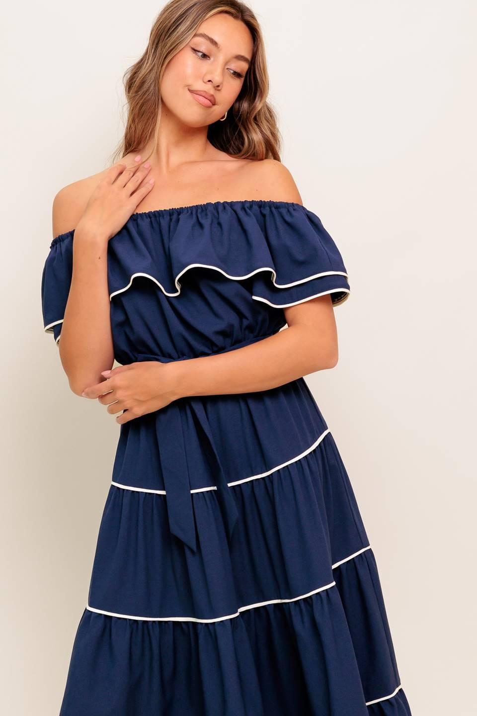 BUTTERCREAM DREAM NAVY WOVEN MIDI DRESS