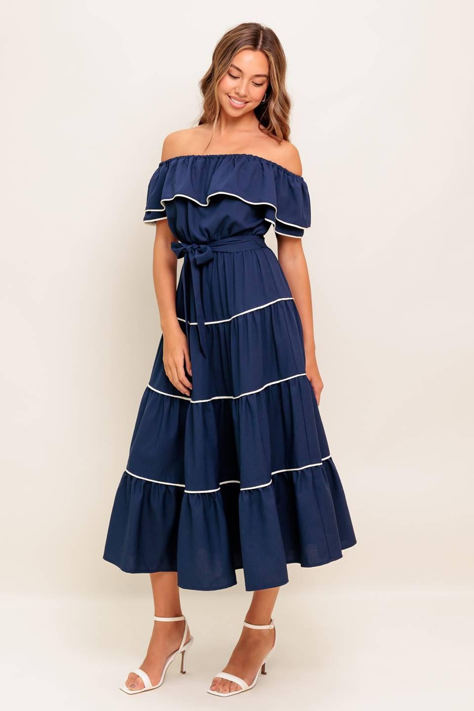 BUTTERCREAM DREAM NAVY WOVEN MIDI DRESS