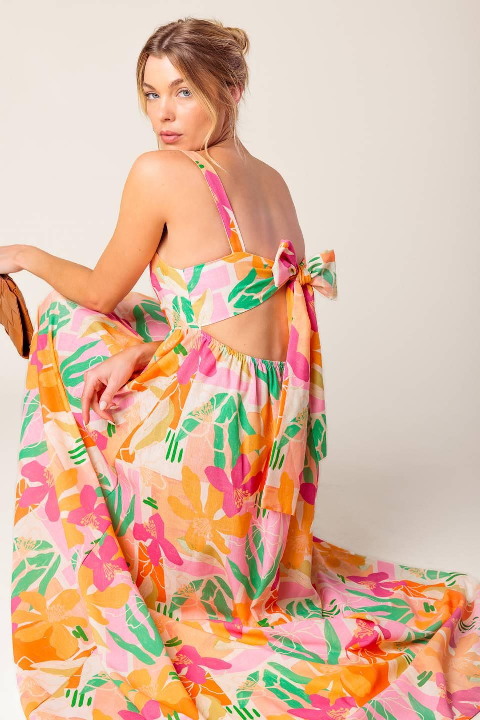BON VOYAGE PINK ORANGE WOVEN MAXI DRESS