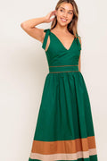 FOREST CHARM WOVEN COLOR BLOCKED MIDI DRESS