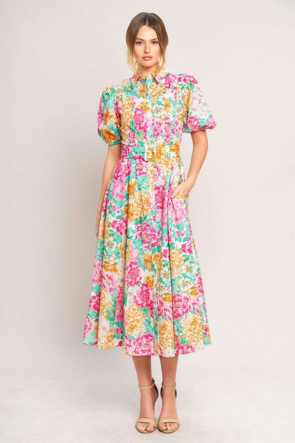 BLOOMING GARDEN WOVEN MIDI DRESS