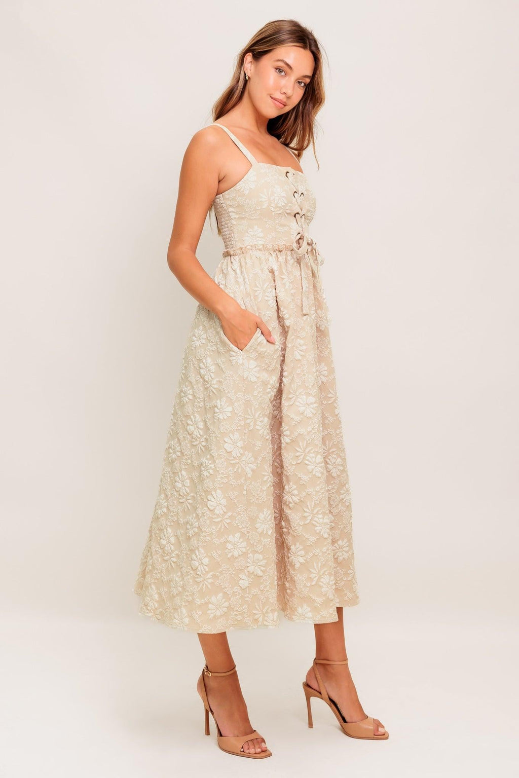 SOFT SUNSET STORY WOVEN MIDI DRESS