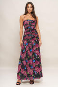 NIGHT FLORIST POWER MESH MAXI DRESS