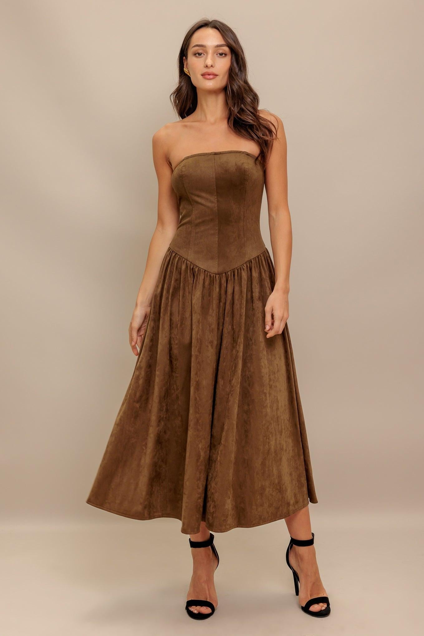 WILD ESPRESSO FAUX SUEDE MIDI DRESS
