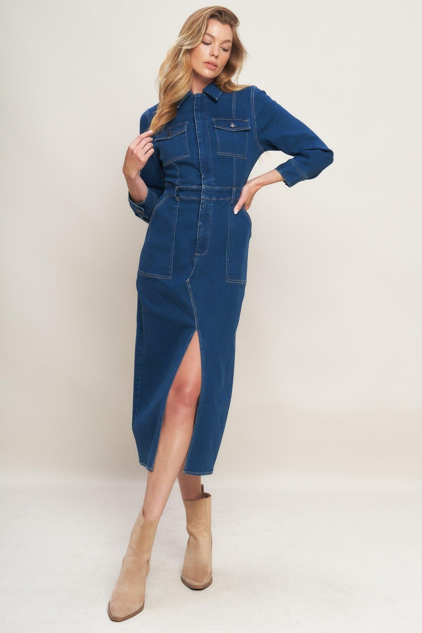 MIDNIGHT DARK INDIGO DENIM MIDI DRESS