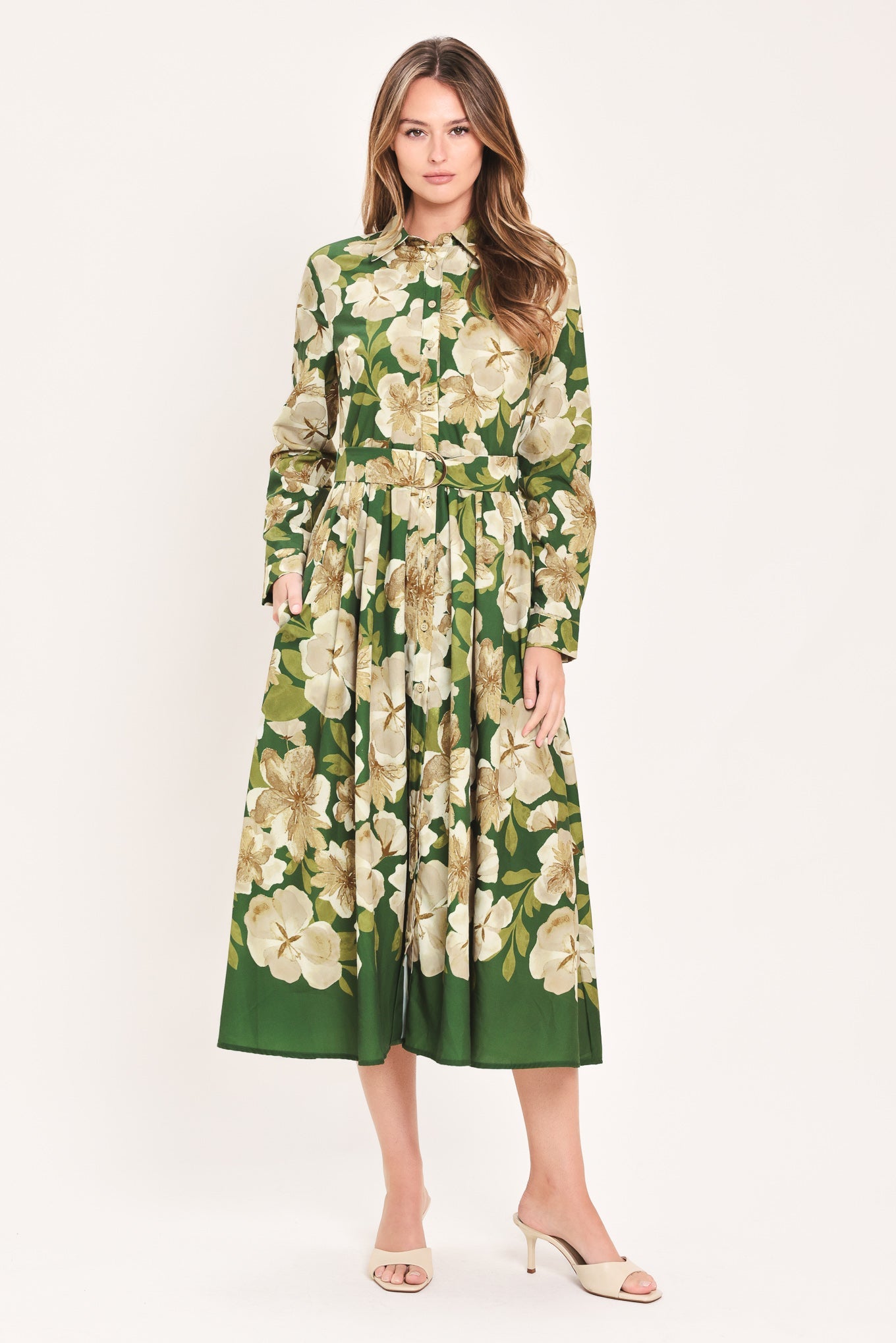 EVERGREEN CAMELLIA DREAM WOVEN MIDI SHIRT DRESS
