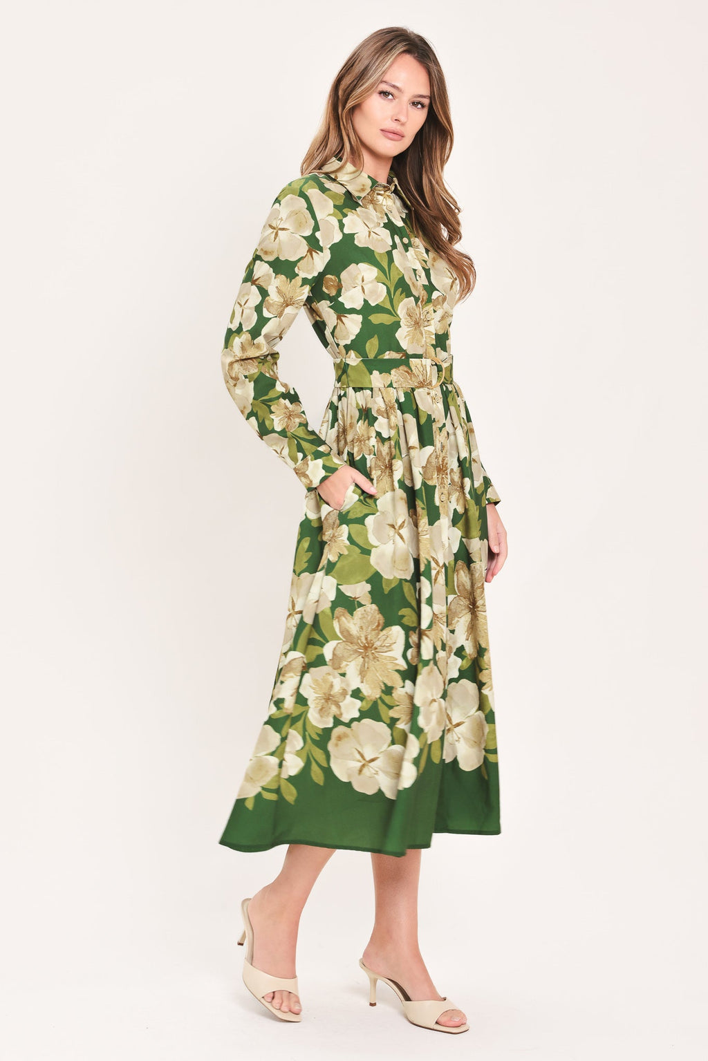EVERGREEN CAMELLIA DREAM WOVEN MIDI SHIRT DRESS