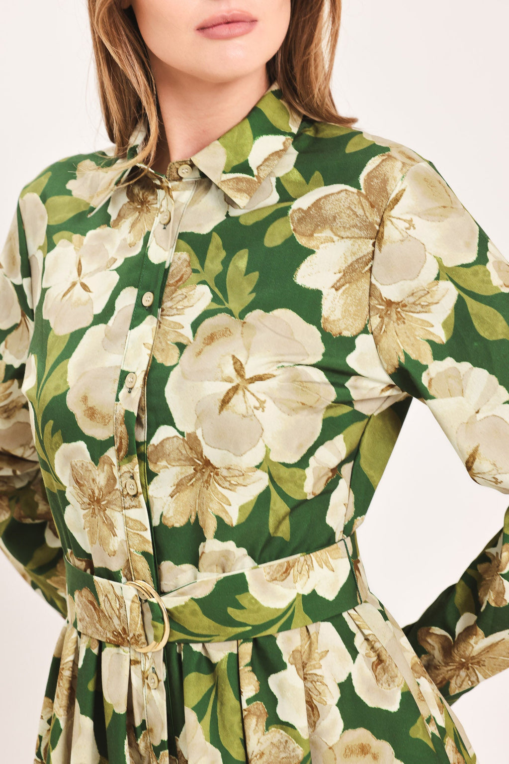 EVERGREEN CAMELLIA DREAM WOVEN MIDI SHIRT DRESS