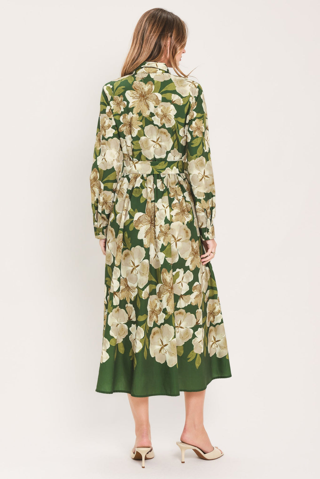 EVERGREEN CAMELLIA DREAM WOVEN MIDI SHIRT DRESS