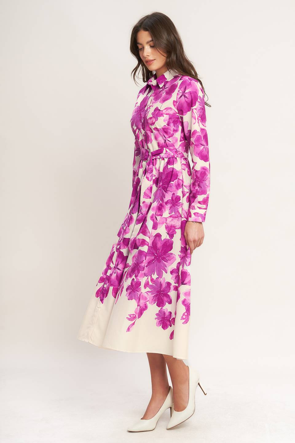EVERGREEN CAMELLIA DREAM WOVEN MIDI SHIRT DRESS