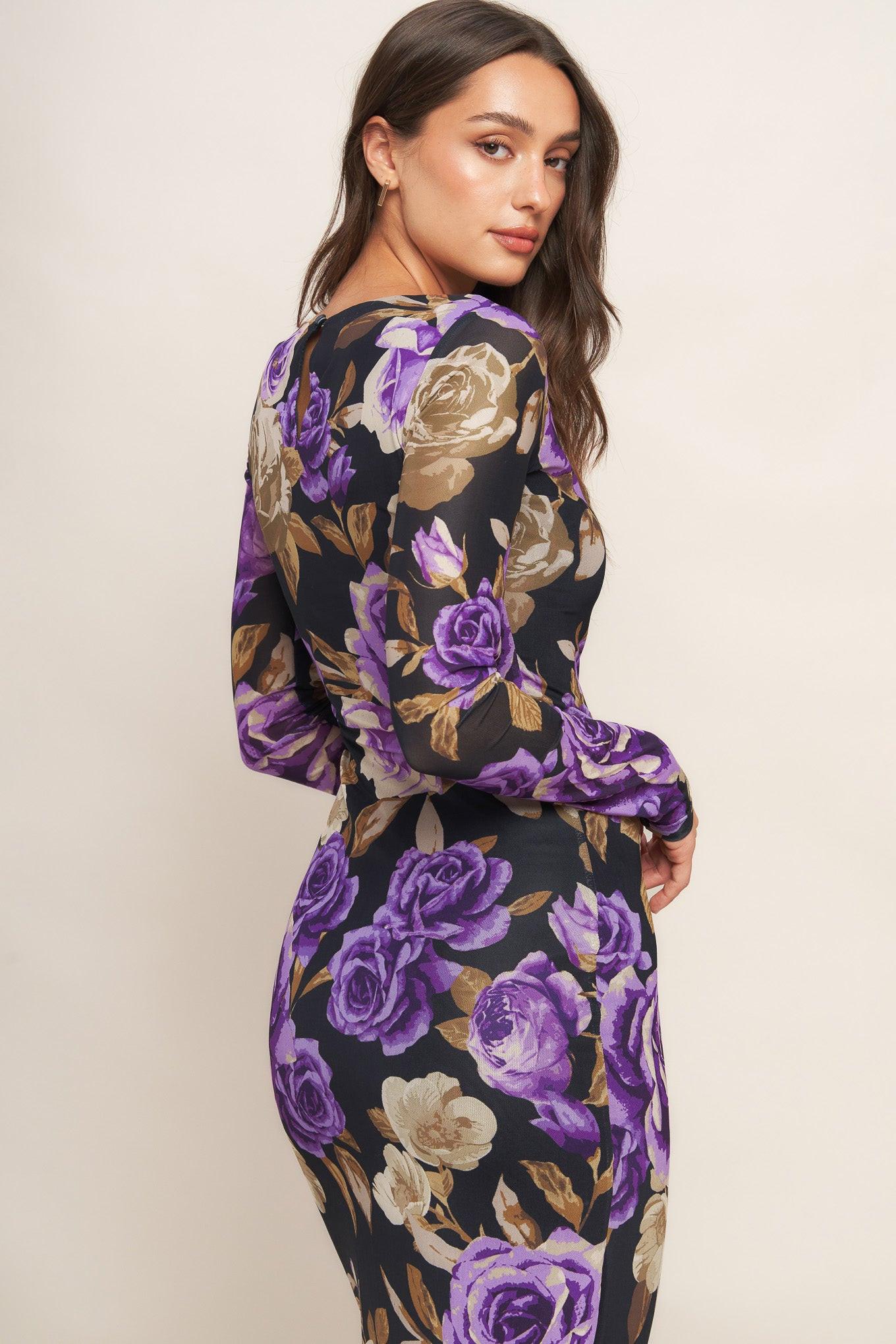 VIOLET EMBRACE POWER MESH MIDI DRESS
