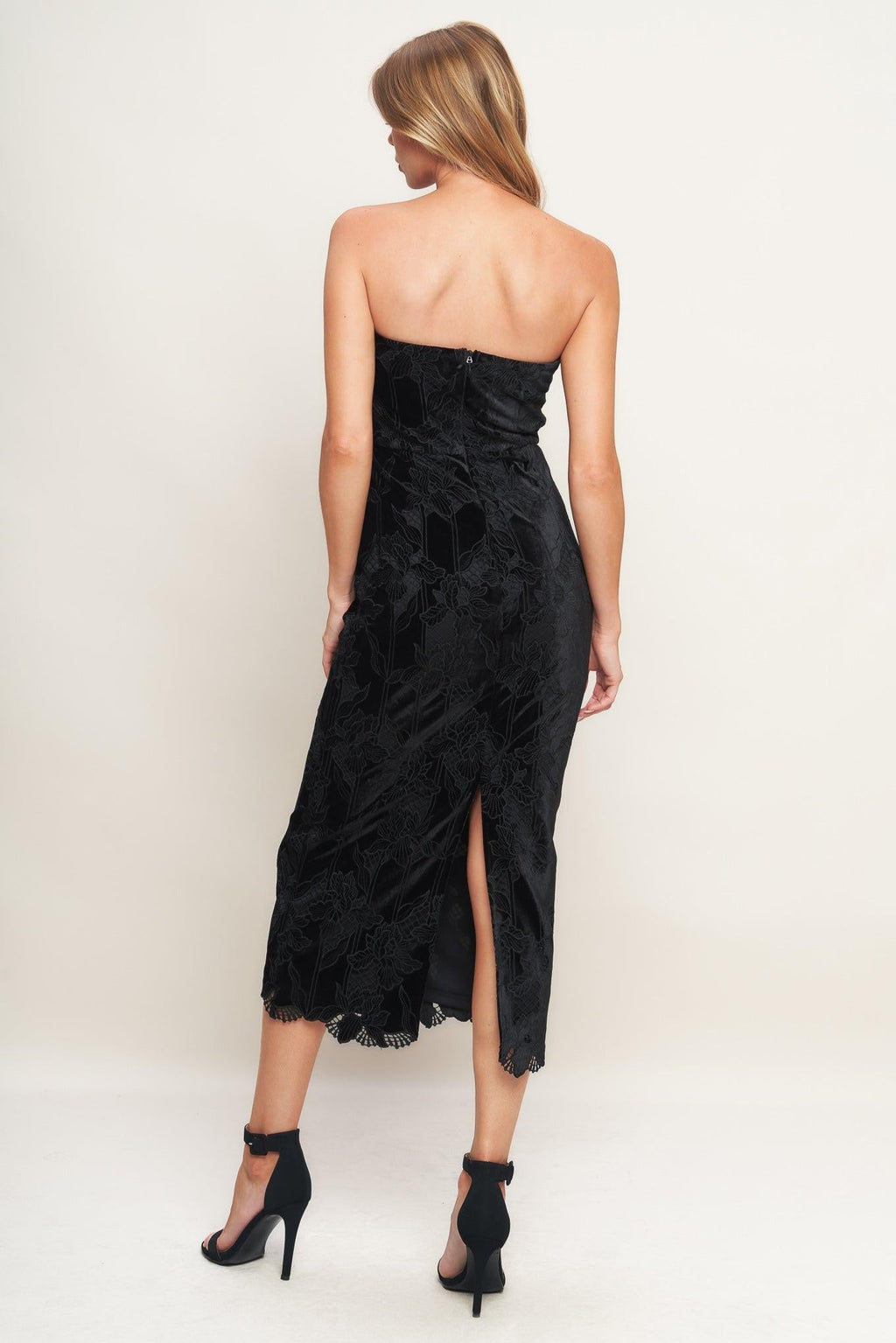 BLACK TEMPTATION WOVEN VELVET LACE MIDI DRESS