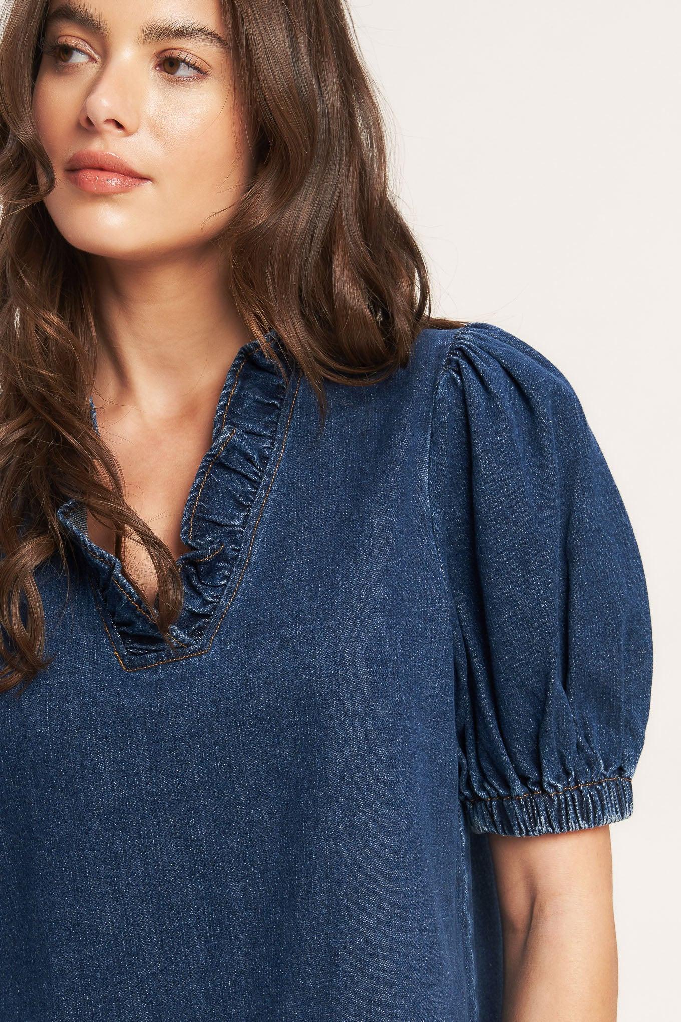 MODERN FOLK TOUCH DNIM MINI DRESS
