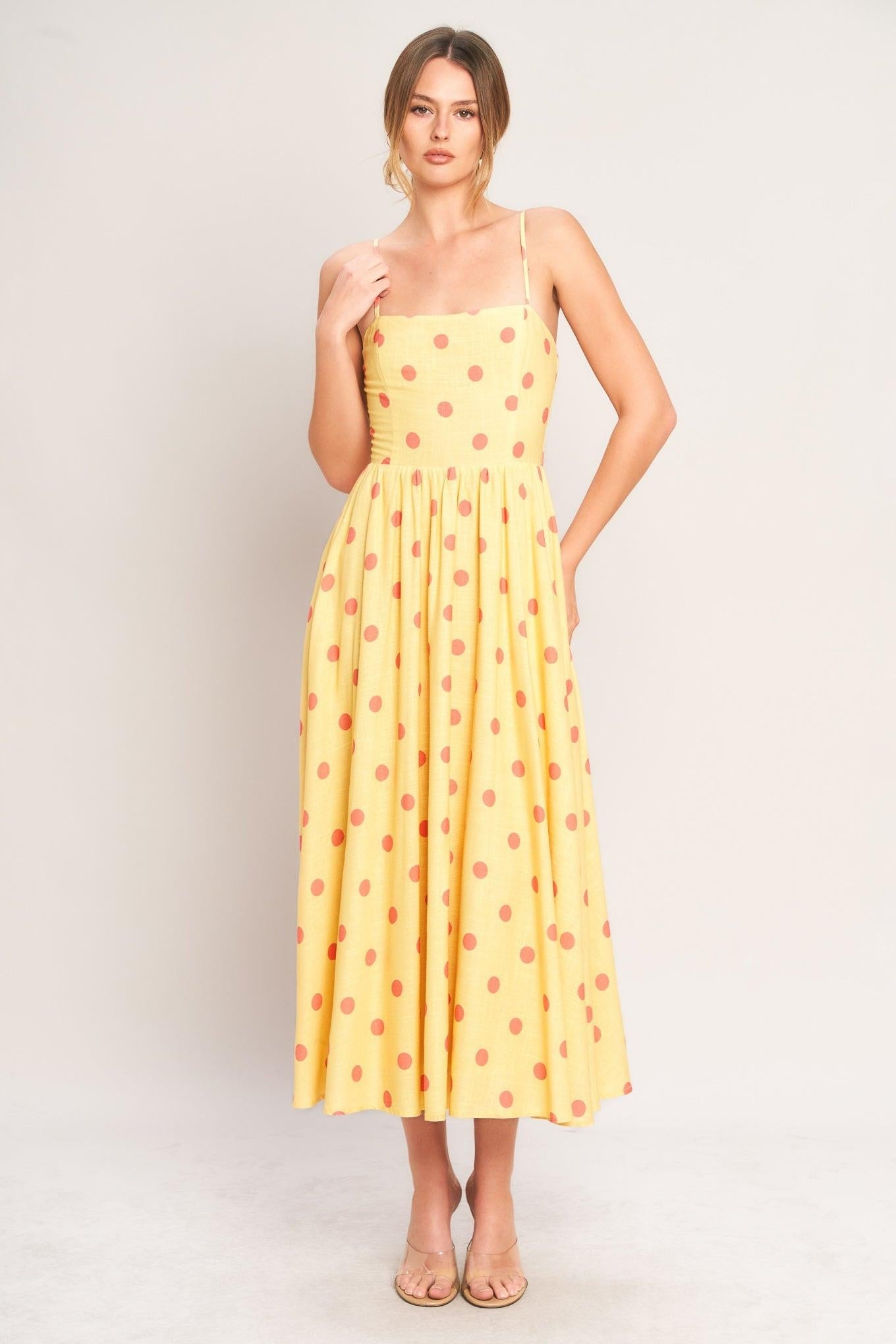 GOLDEN SUMMER POLKA WOVEN MIDI DRESS