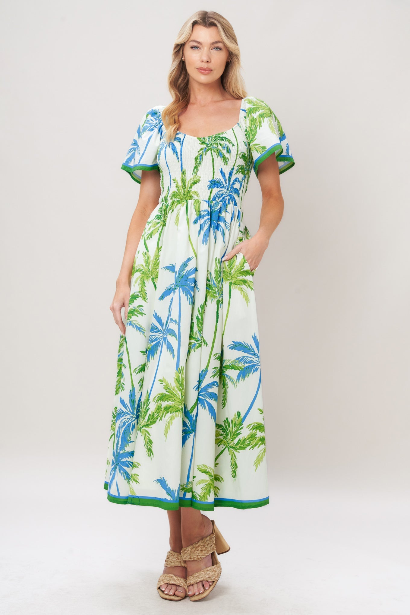 PALM ESCAPADE WOVEN MIDI DRESS