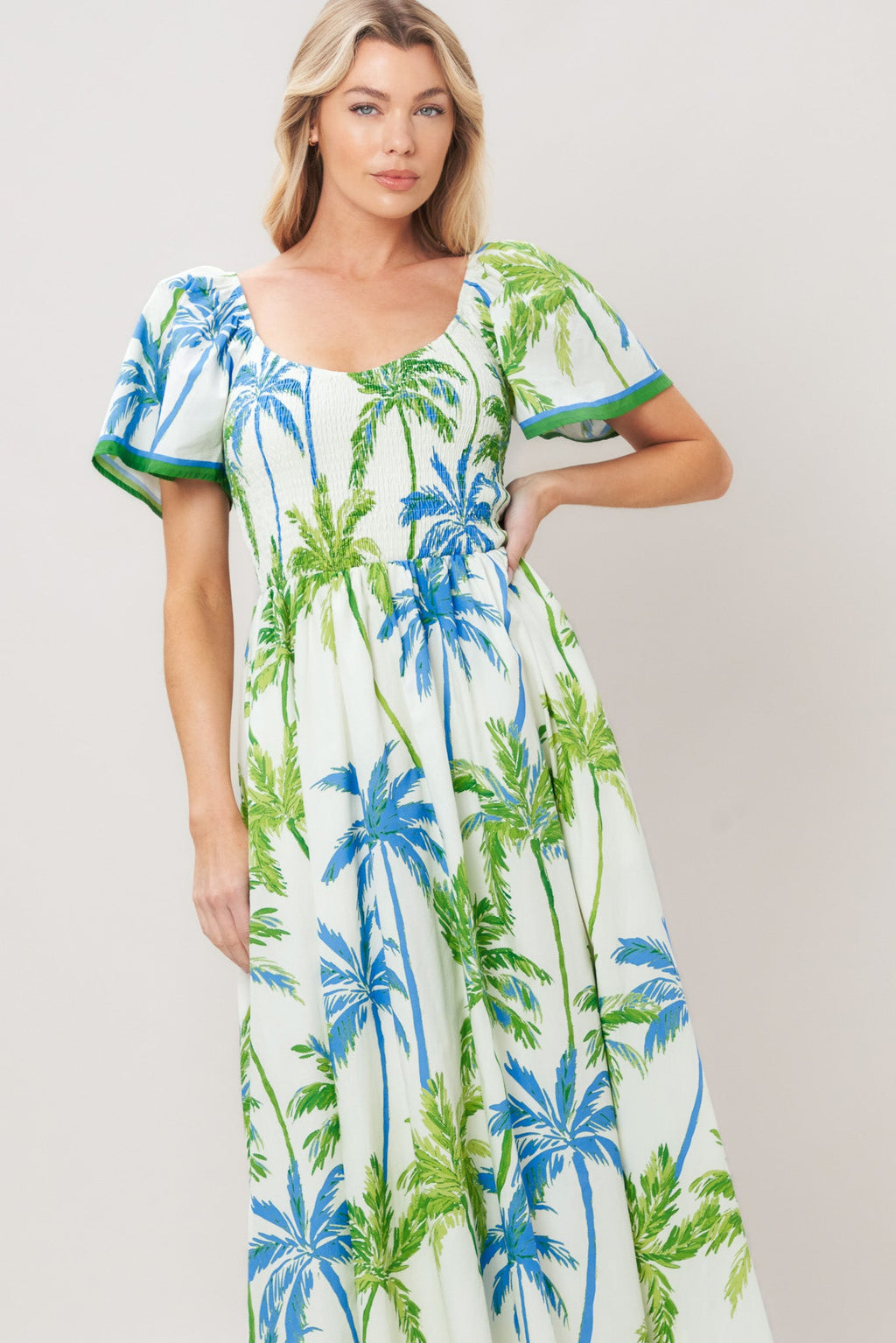 PALM ESCAPADE WOVEN MIDI DRESS