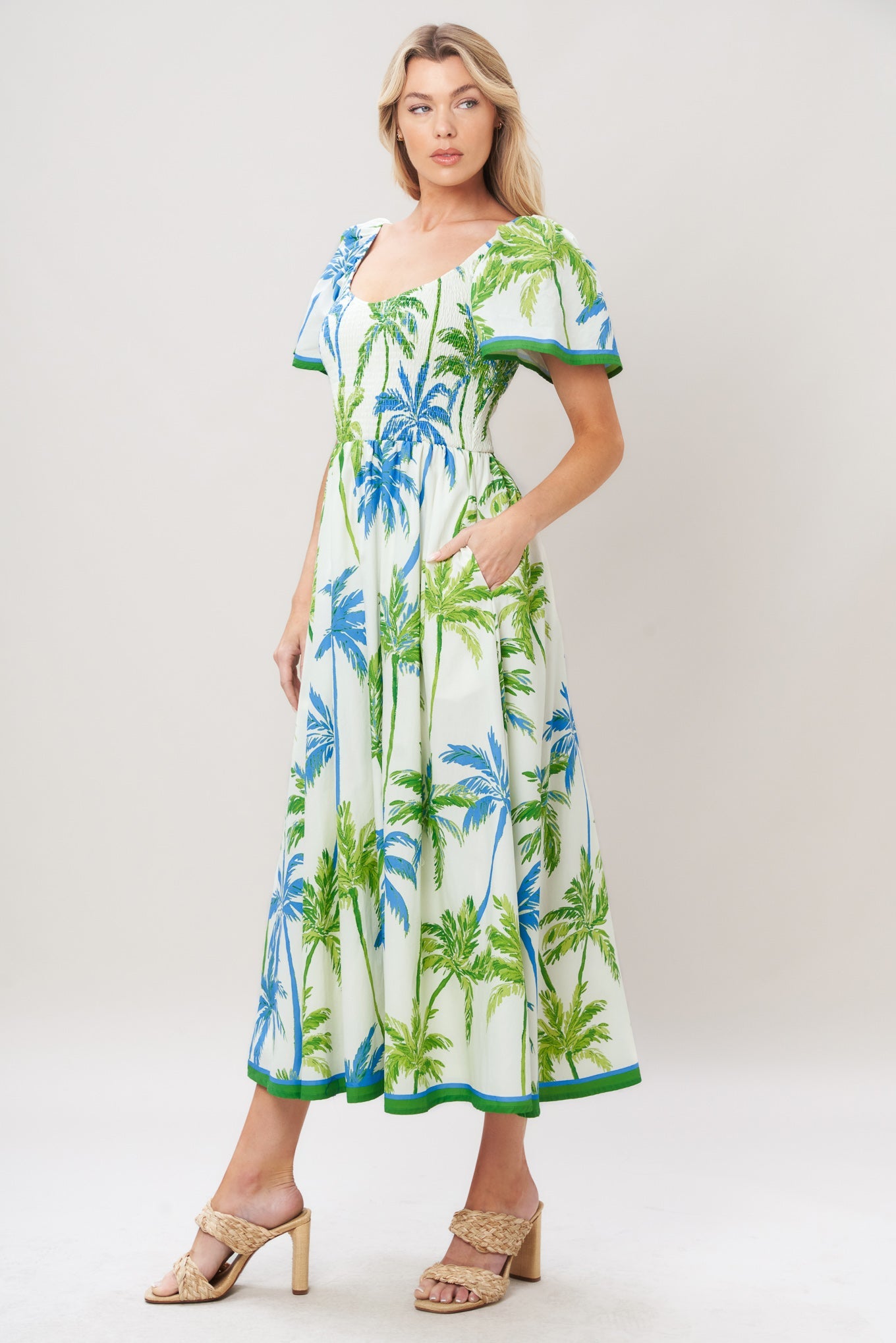 PALM ESCAPADE WOVEN MIDI DRESS