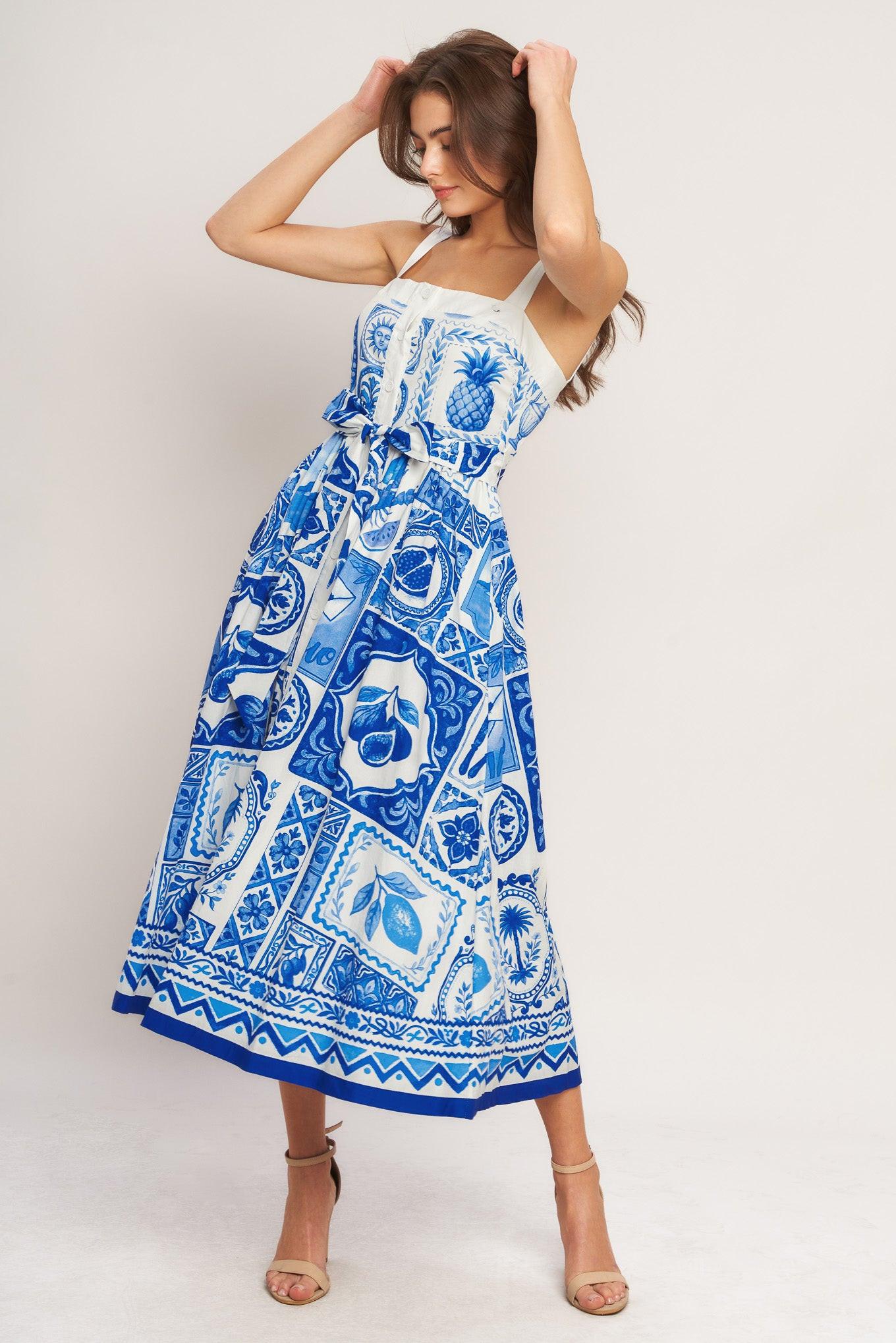 BLUE MAJOLICA CHARM WOVEN MIDI DRESS
