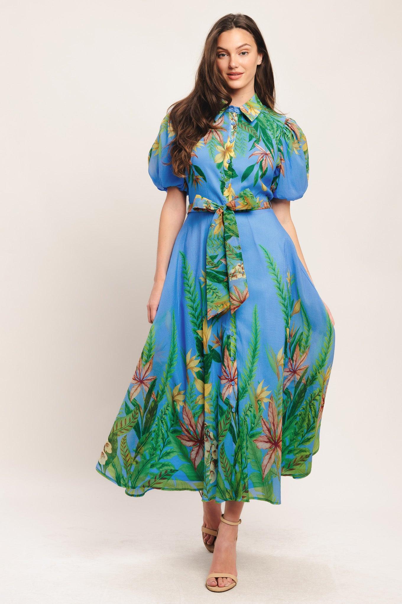 PALM SERENADE BLUE WOVEN MIDI DRESS