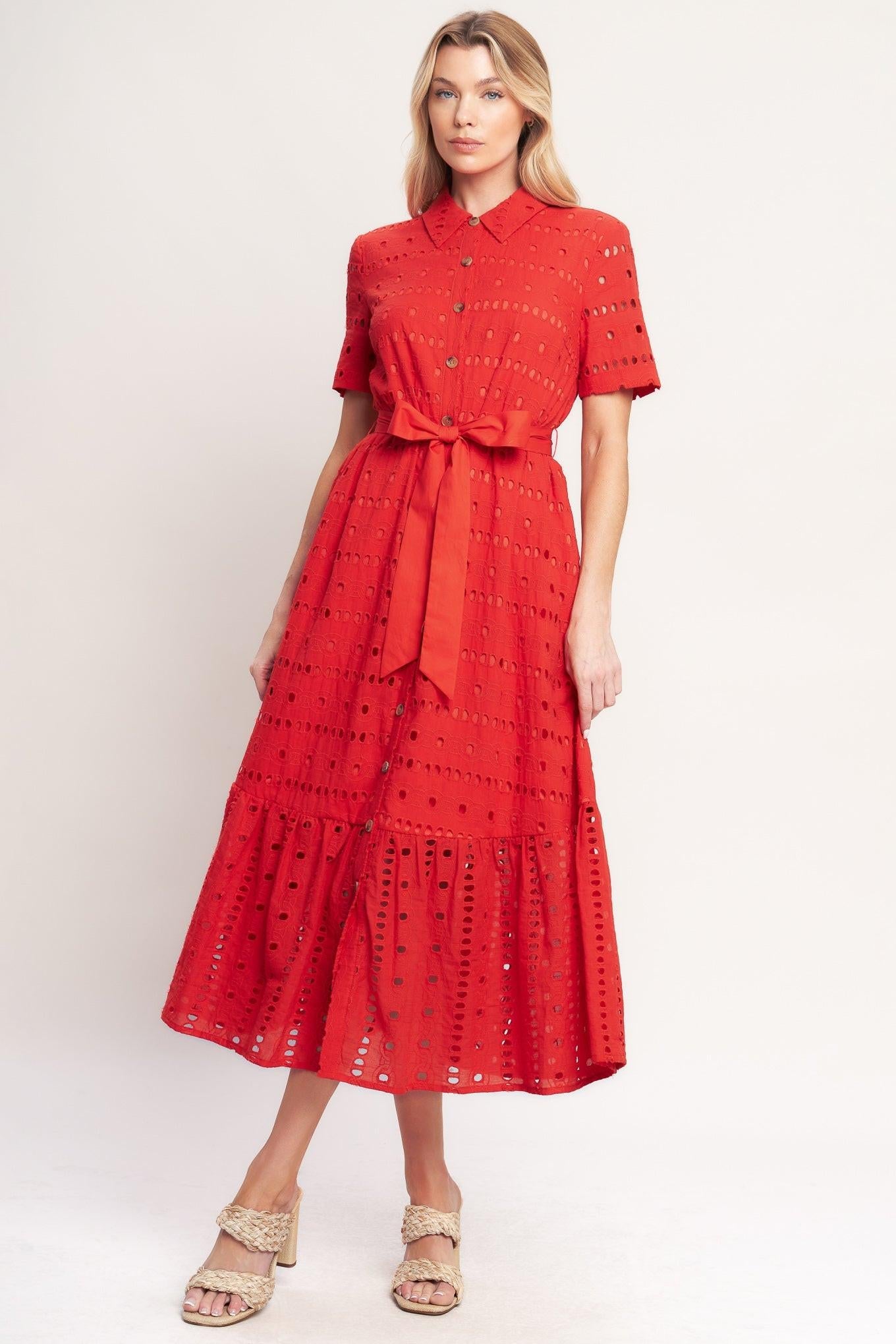 POWER SCARLET WOVEN EYELET MIDI DRESS
