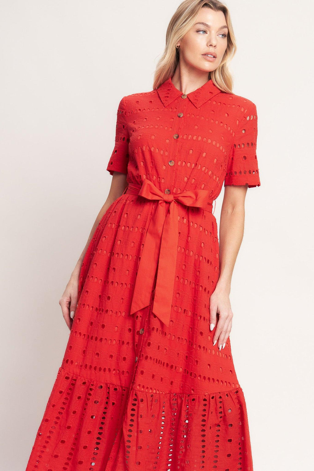 POWER SCARLET WOVEN EYELET MIDI DRESS