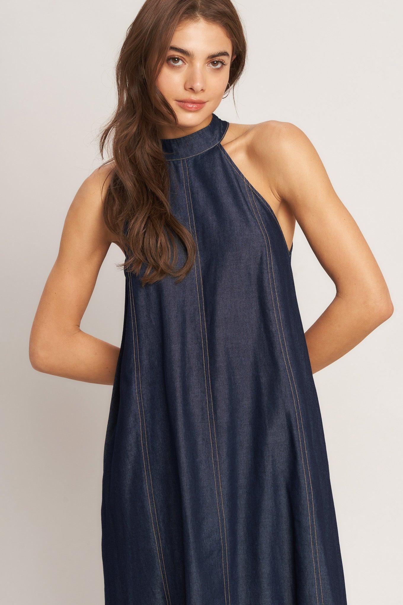 MIDNIGHT FLOW WOVEN MIDI HALTER DRESS