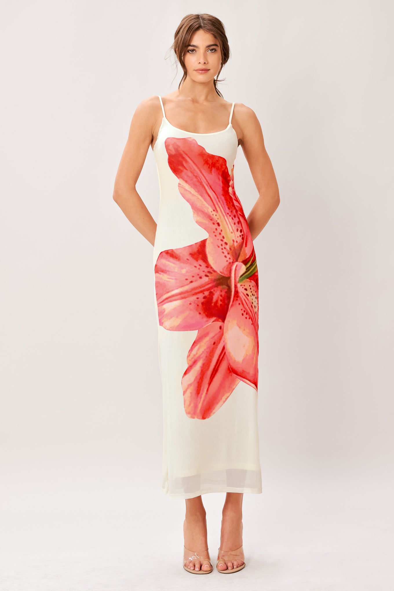 BLOOM STATEMENT POWER MESH CAMI MIDI DRESS
