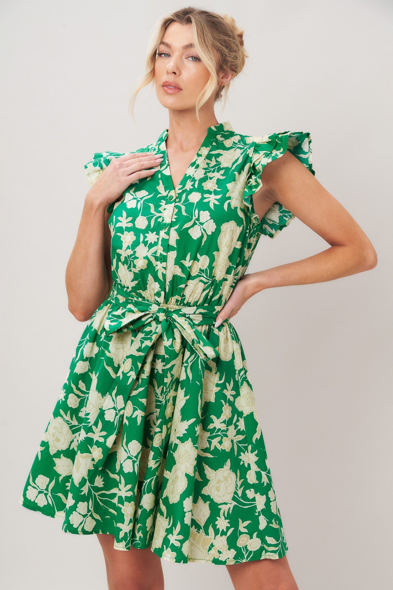 EMERALD BLOOM WOVEN MINI DRESS