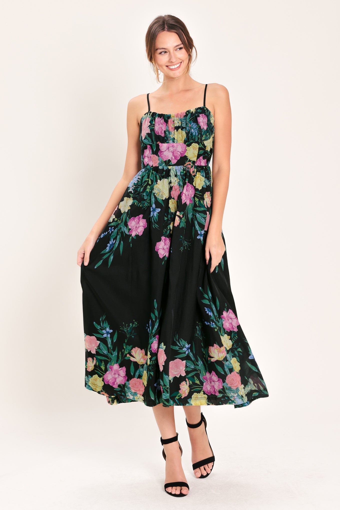 SHADOW FLORAL WOVEN MIDI DRESS