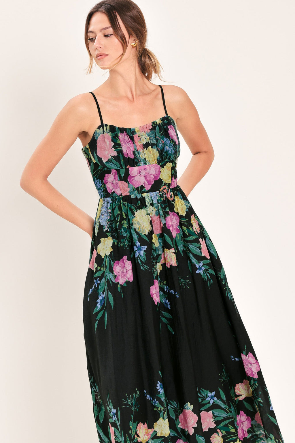 SHADOW FLORAL WOVEN MIDI DRESS