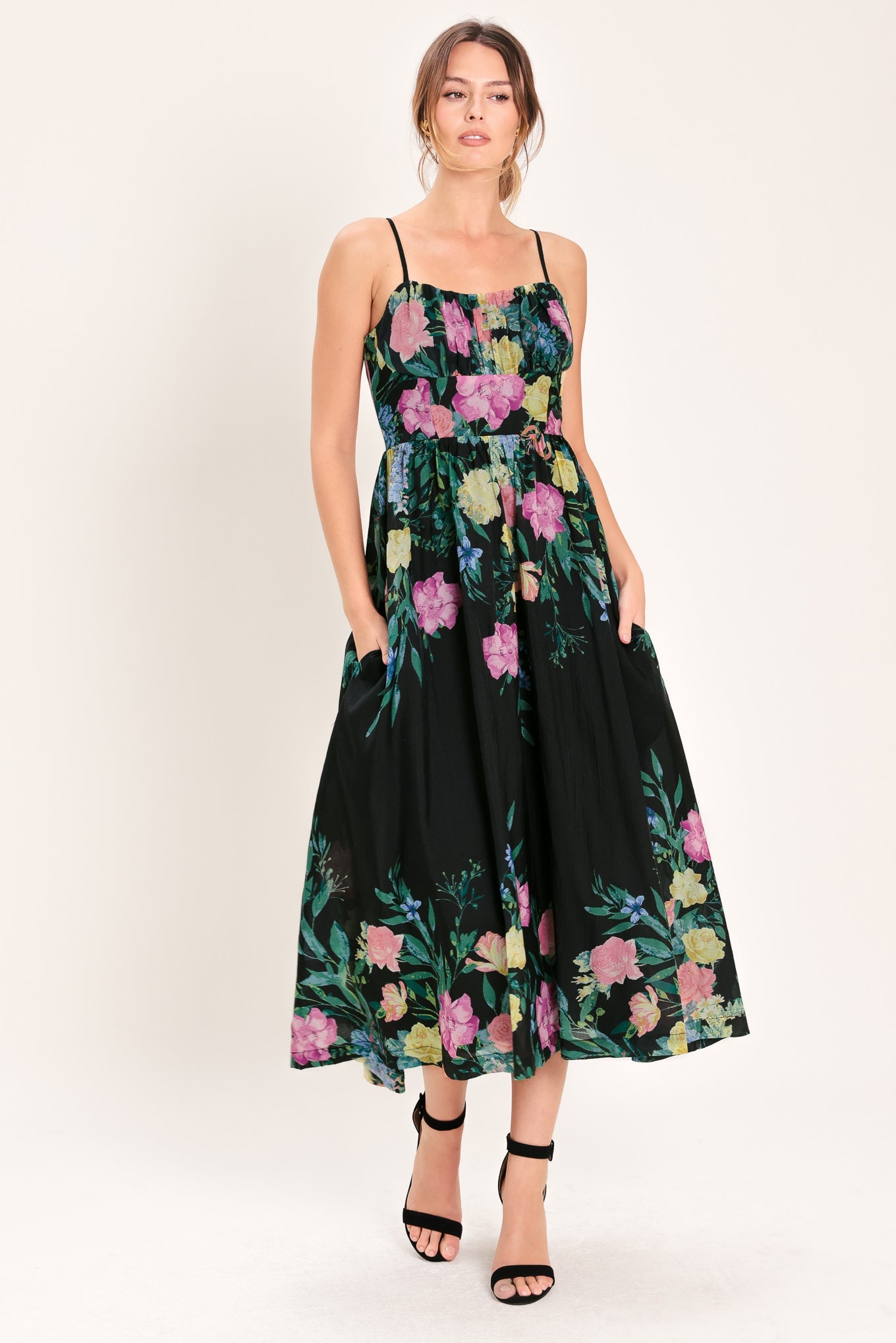 SHADOW FLORAL WOVEN MIDI DRESS