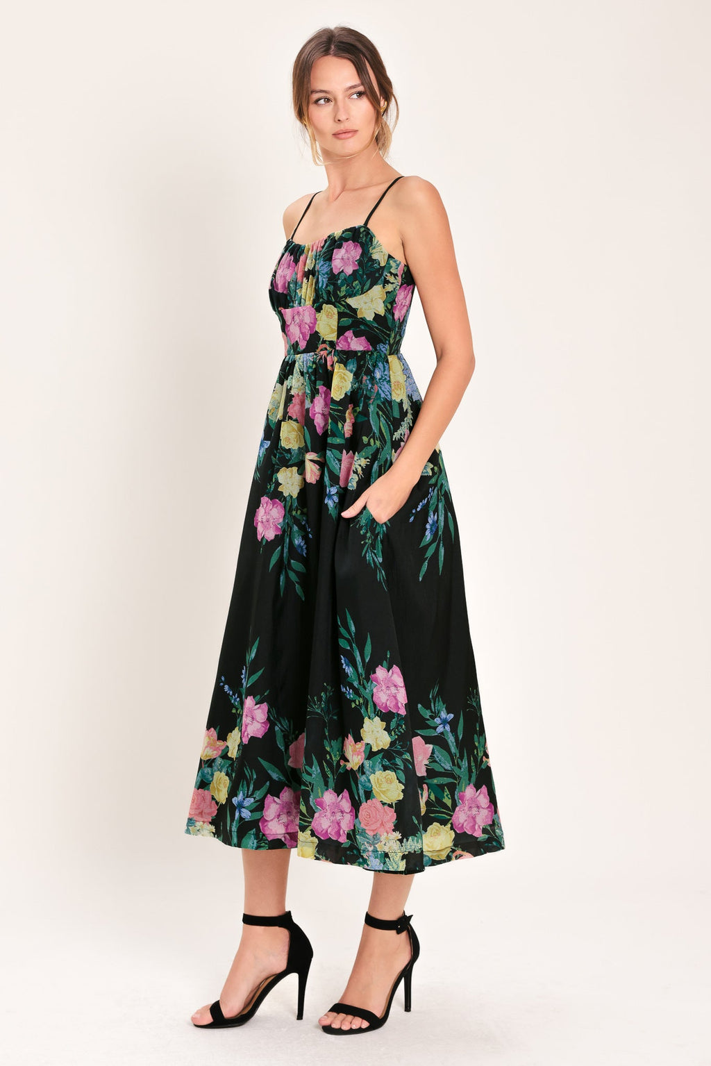 SHADOW FLORAL WOVEN MIDI DRESS