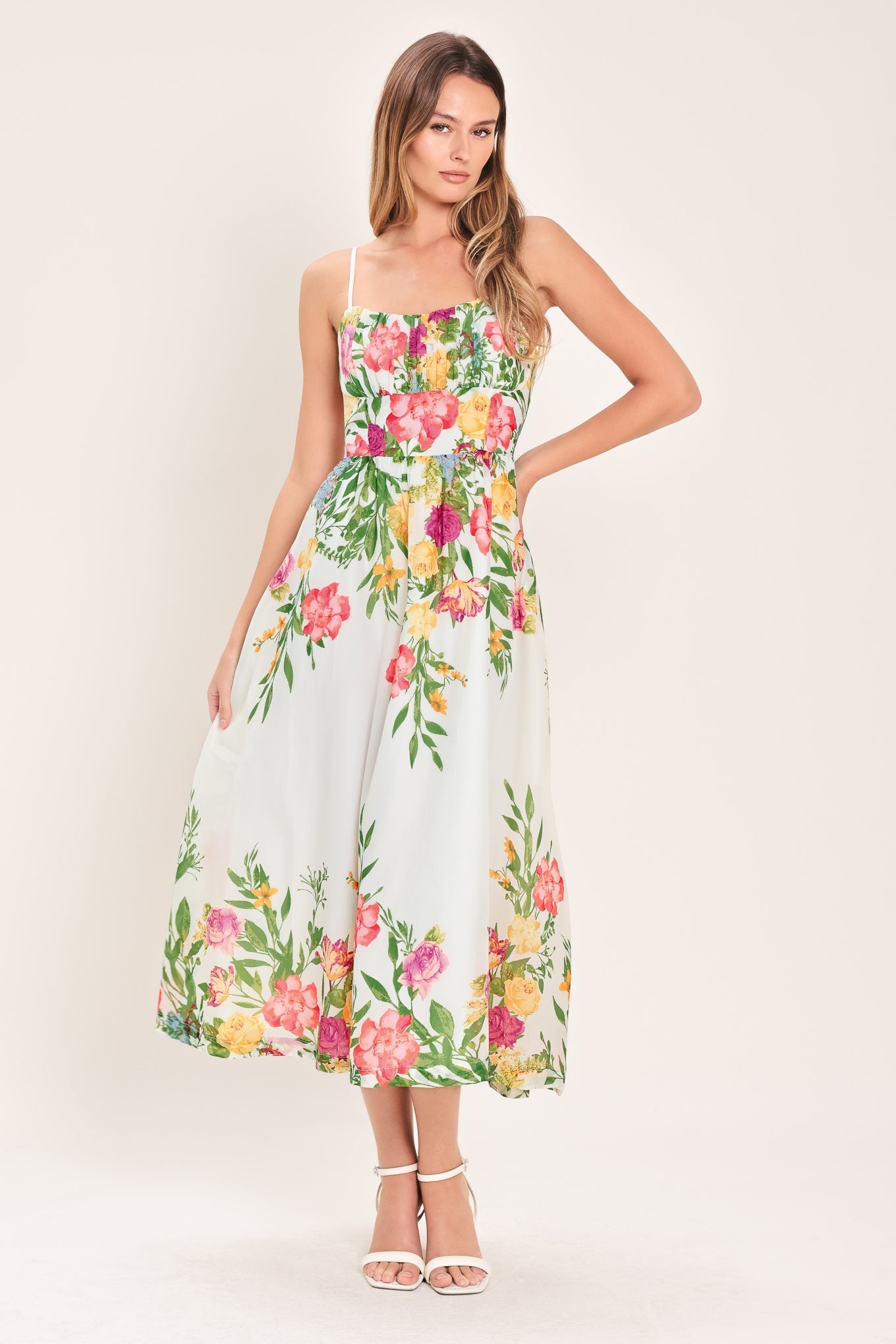 SHADOW FLORAL WOVEN MIDI DRESS