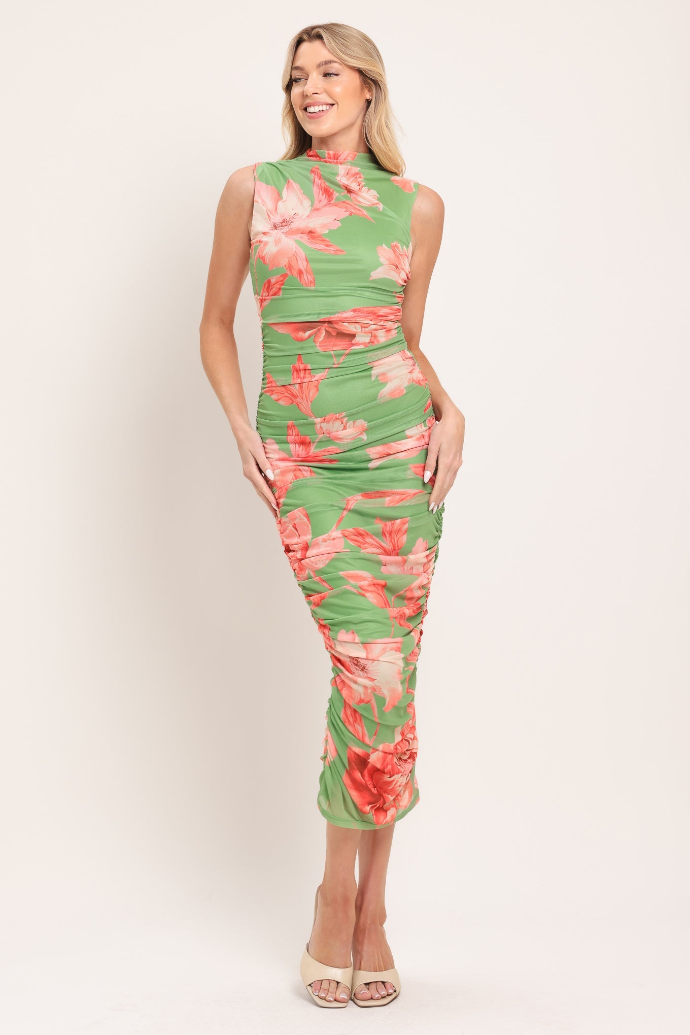PARADISE GLOW POWER MESH MIDI DRESS
