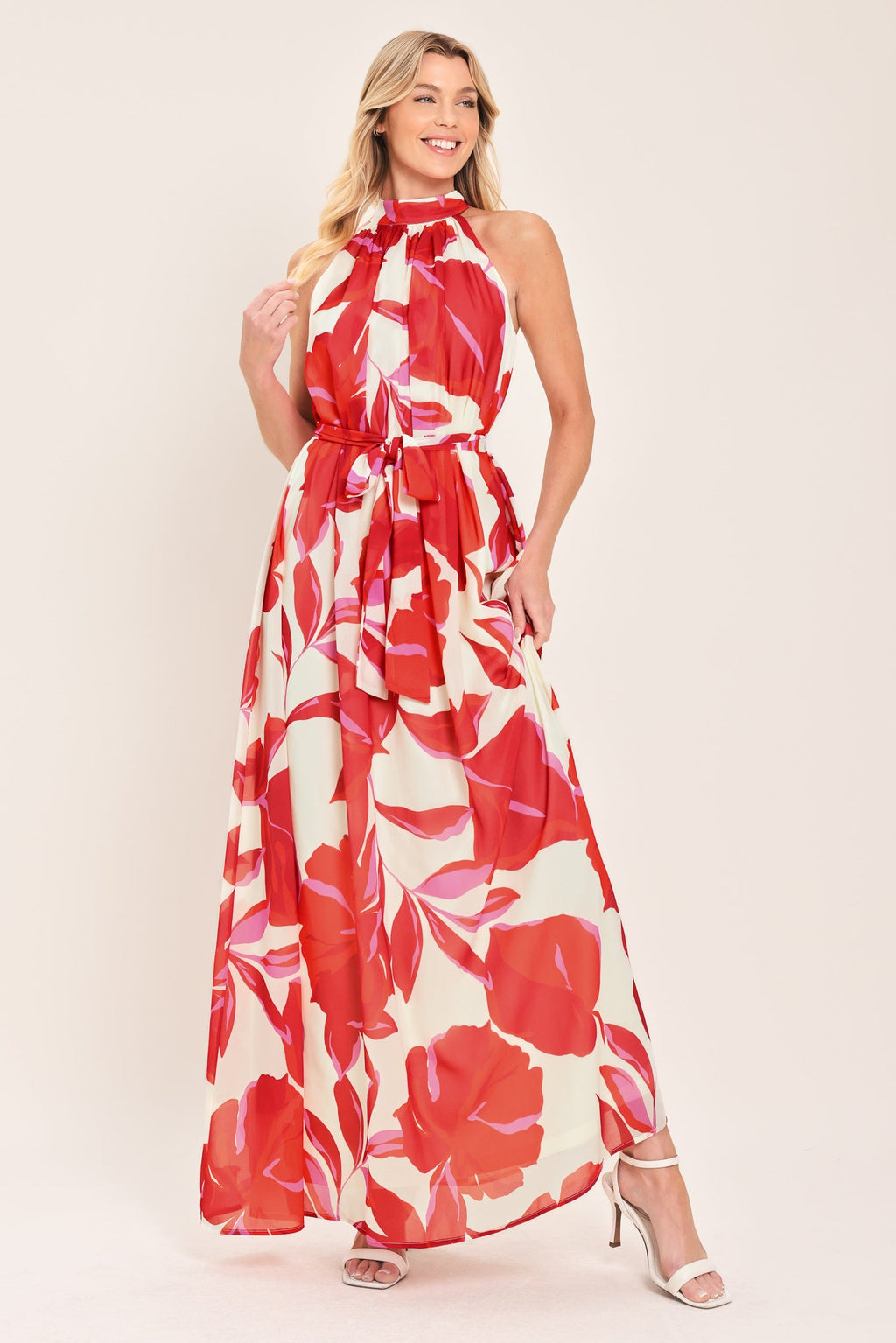 FIJI FLOWER HALTER WOVEN MAXI DRESS