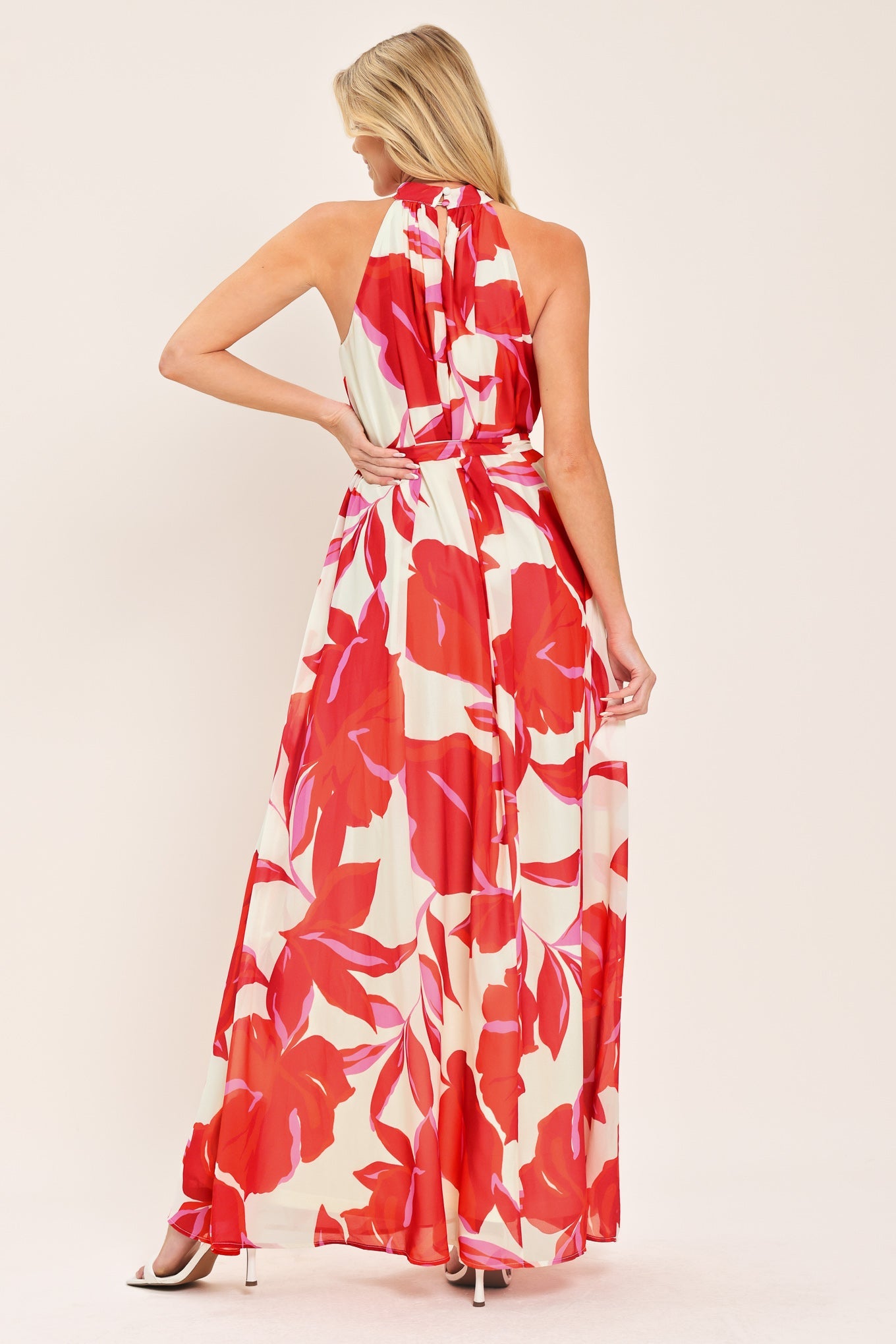 FIJI FLOWER HALTER WOVEN MAXI DRESS