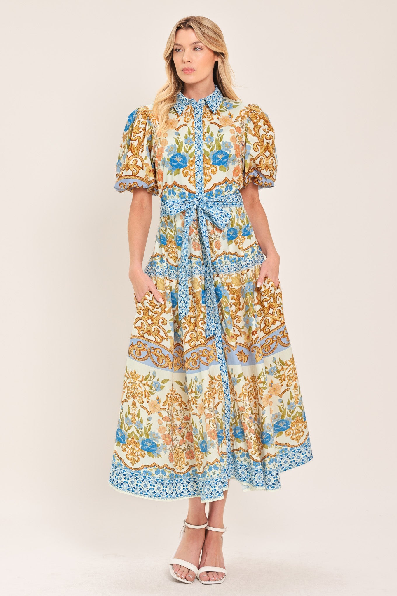 ROYAL GARDEN SOIREE WOVEN MIDI SHIRT DRESS