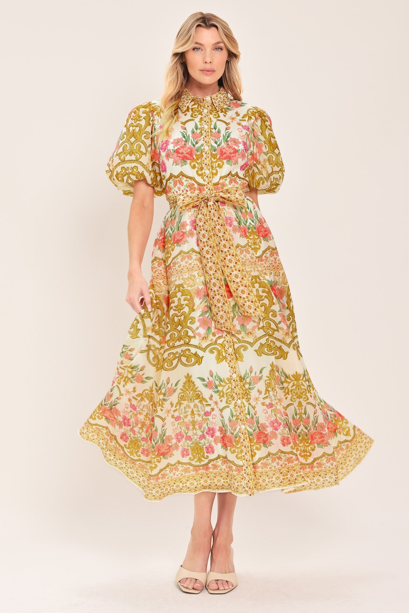 CHATEAU ROSE WOVEN MIDI SHIRT DRESS