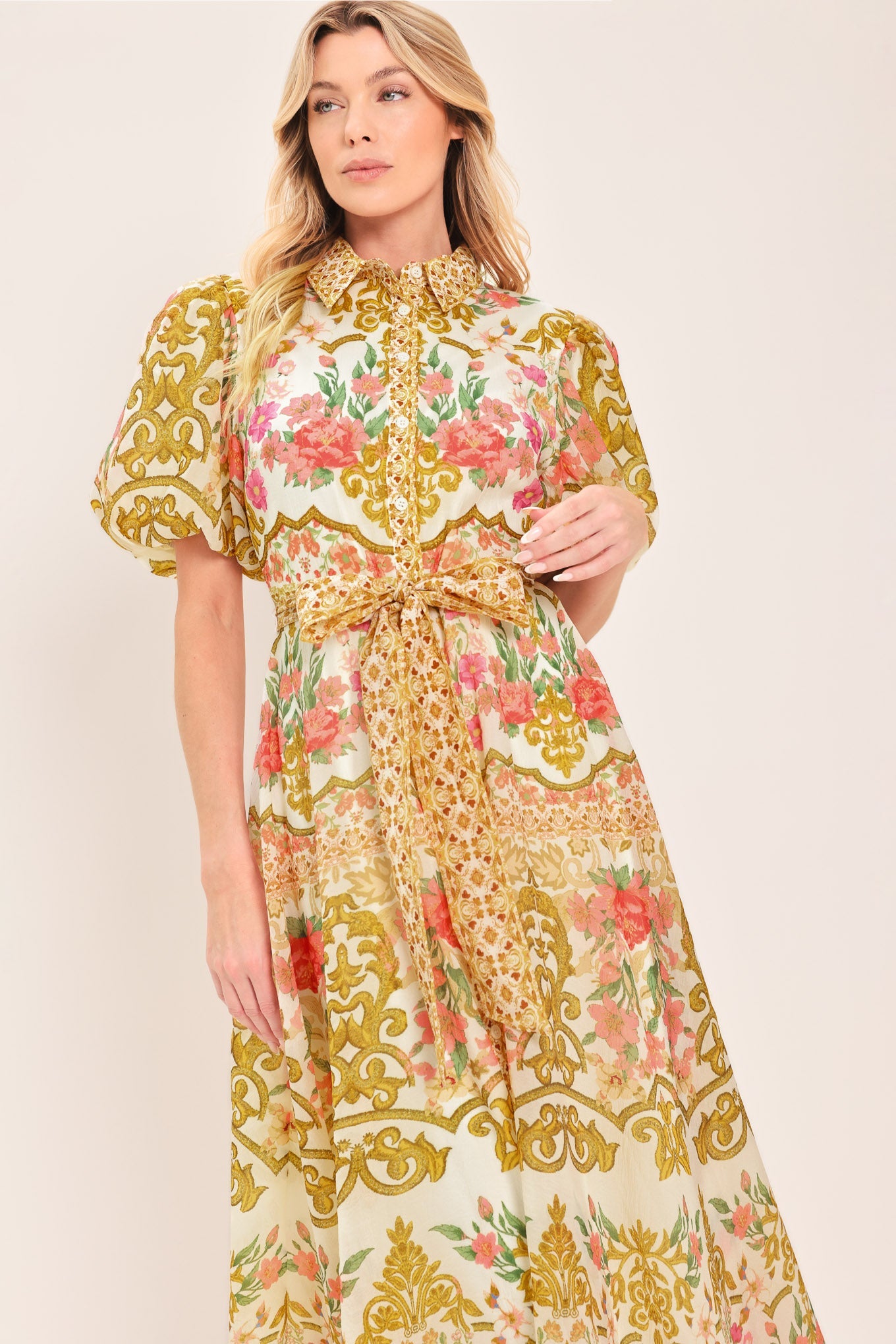 CHATEAU ROSE WOVEN MIDI SHIRT DRESS