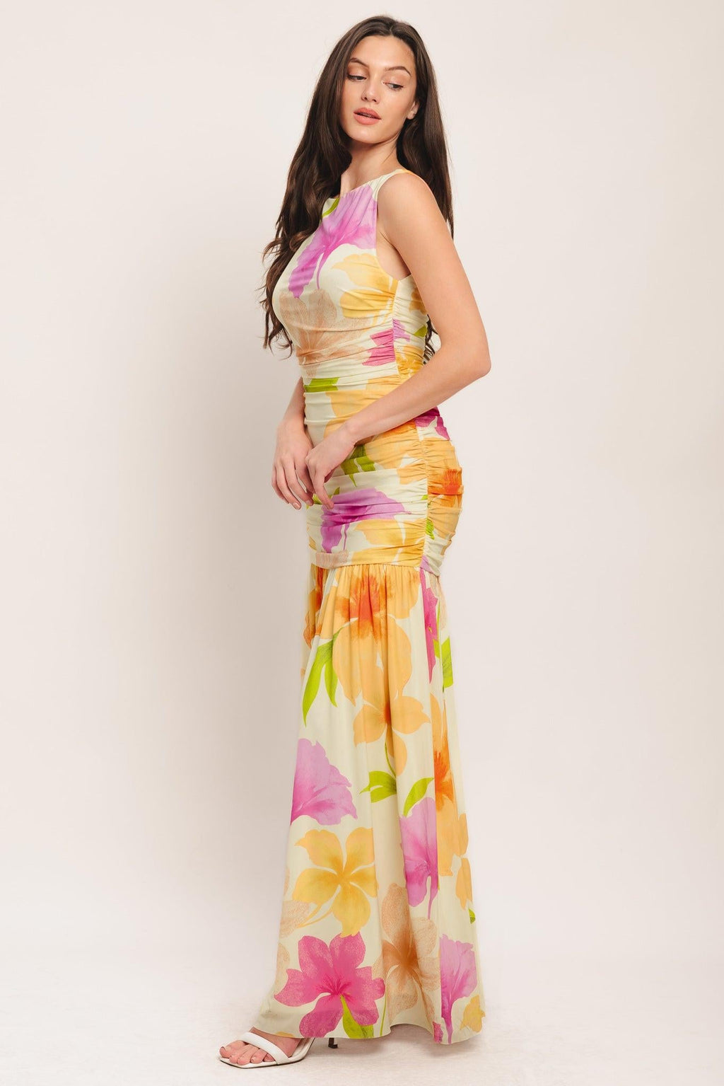 WARM BREEZE BLOOMS POWER MESH MAXI DRESS