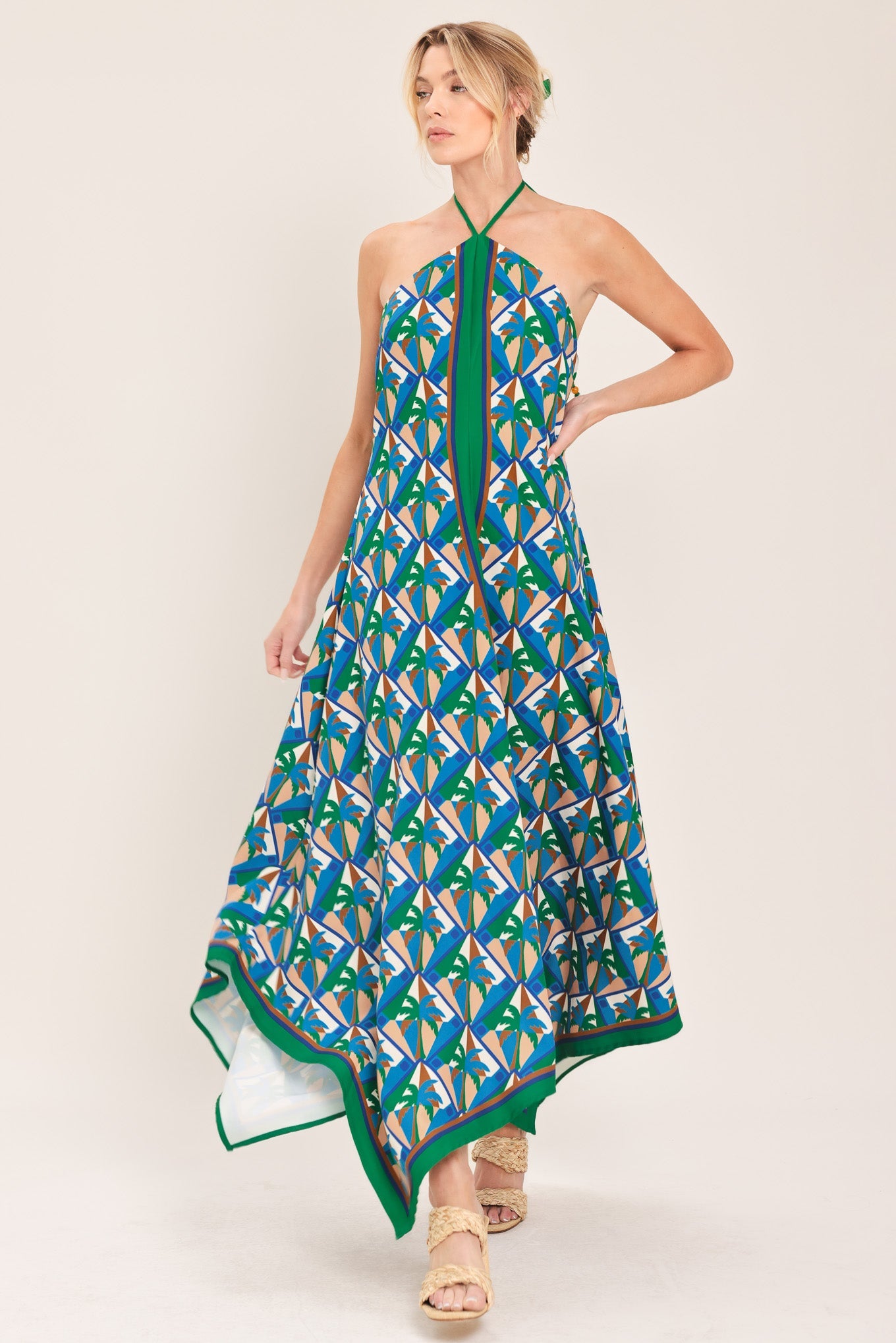 TROPICAL TEMPTATION HALTER WOVEN MIDI DRESS