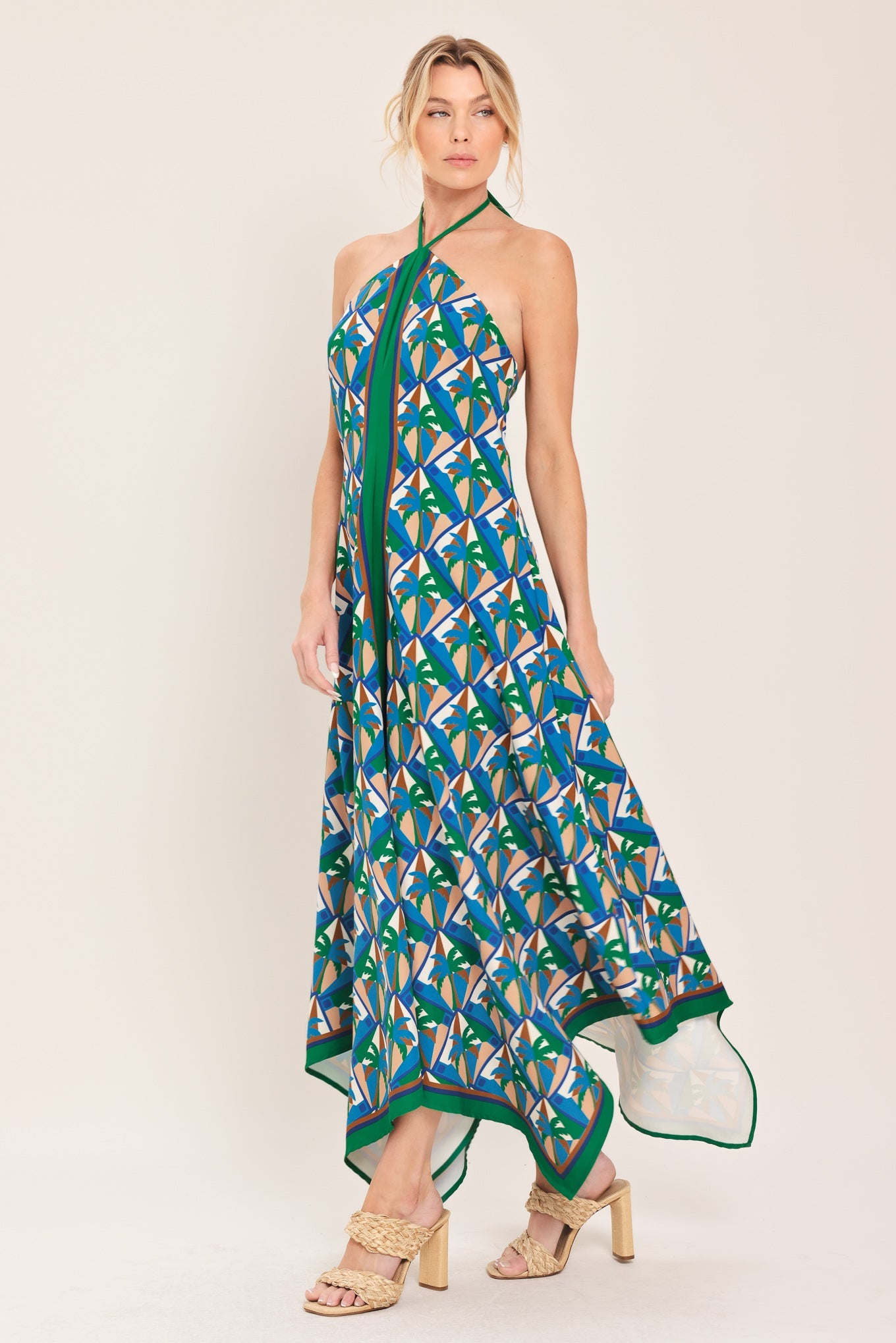 TROPICAL TEMPTATION HALTER WOVEN MIDI DRESS
