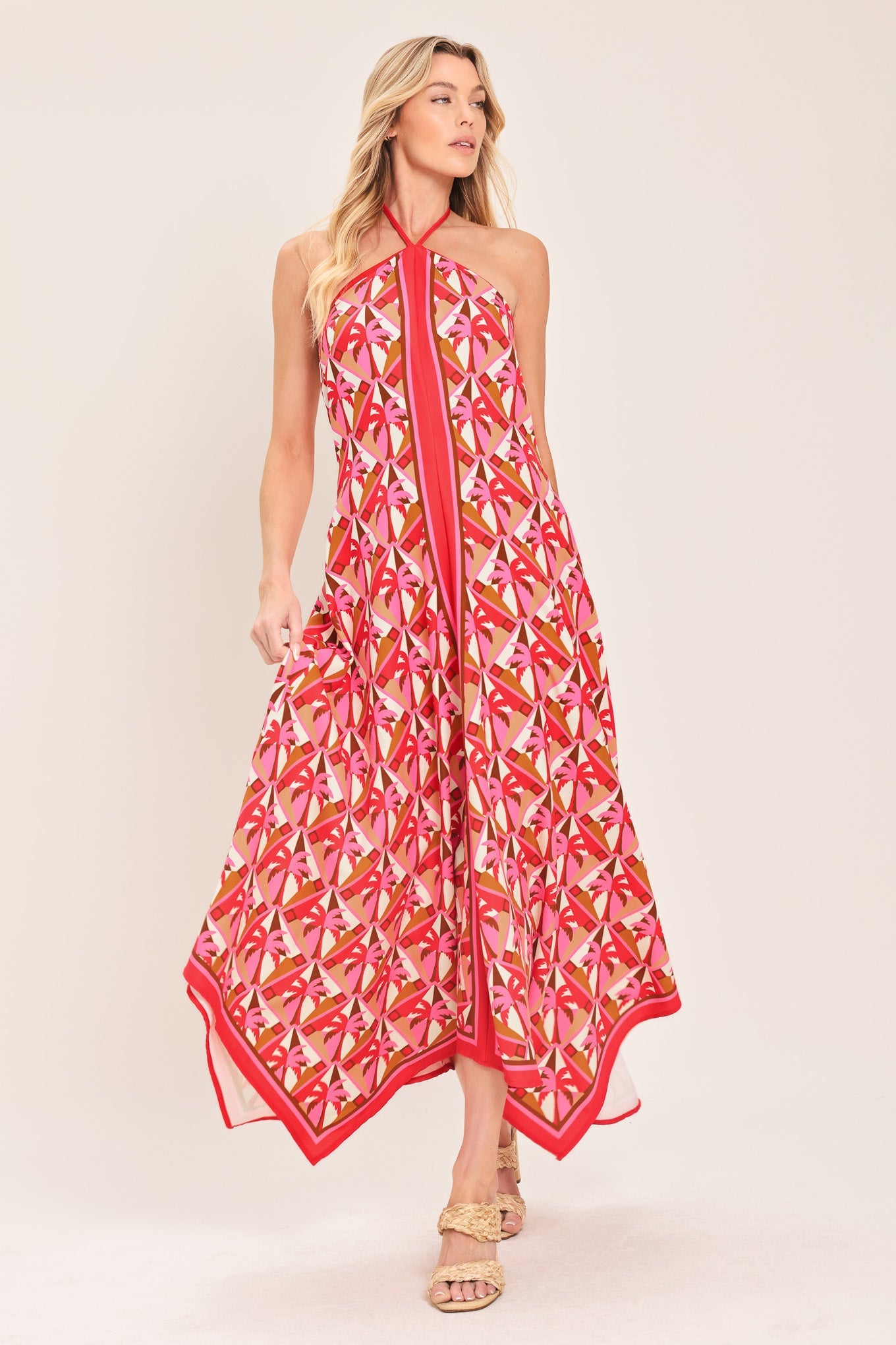 TROPICAL TEMPTATION HALTER WOVEN MIDI DRESS