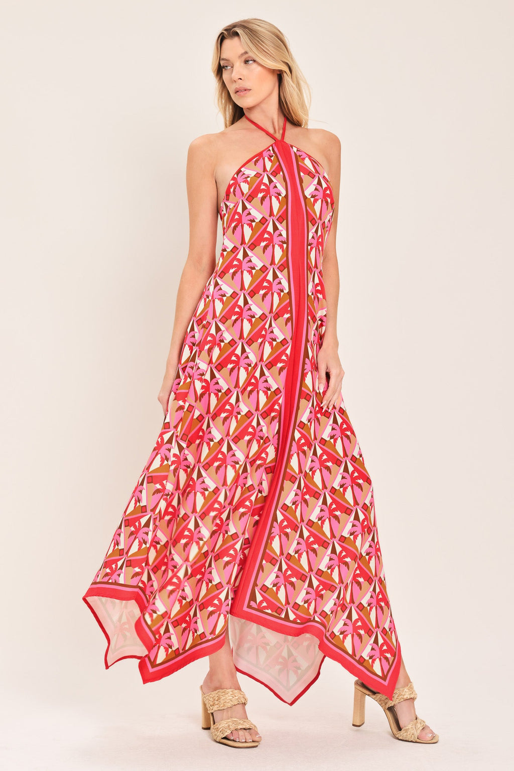 TROPICAL TEMPTATION HALTER WOVEN MIDI DRESS
