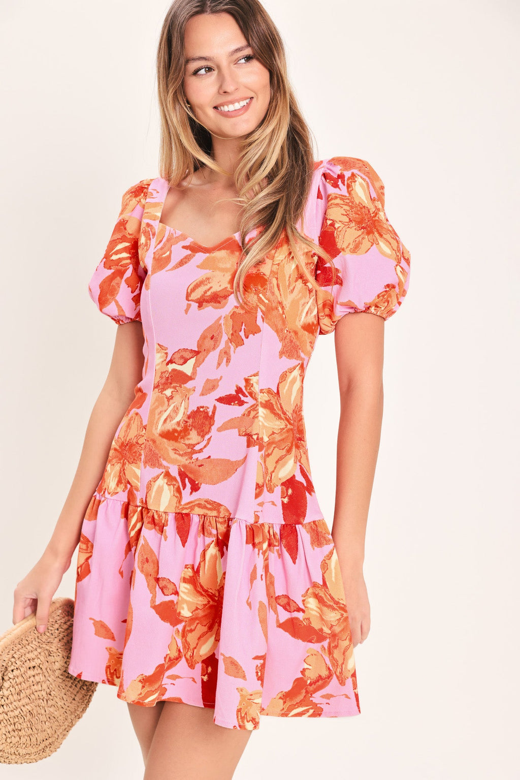 PINK BLOOM WOVEN MINI DRESS