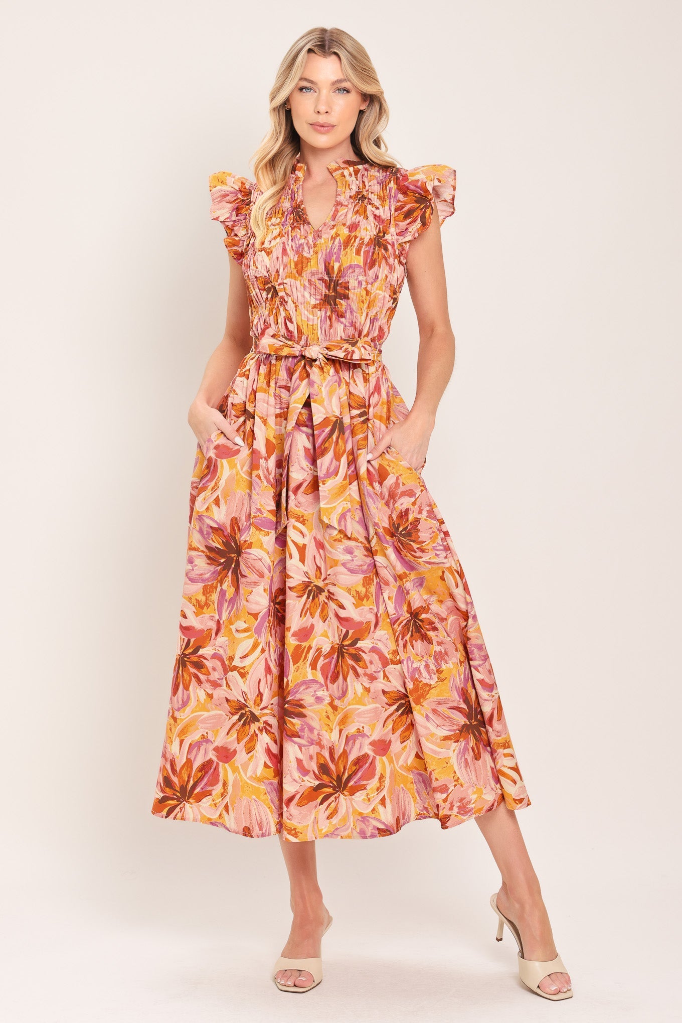 APRICOT BLOSSOM WOVEN MIDI DRESS