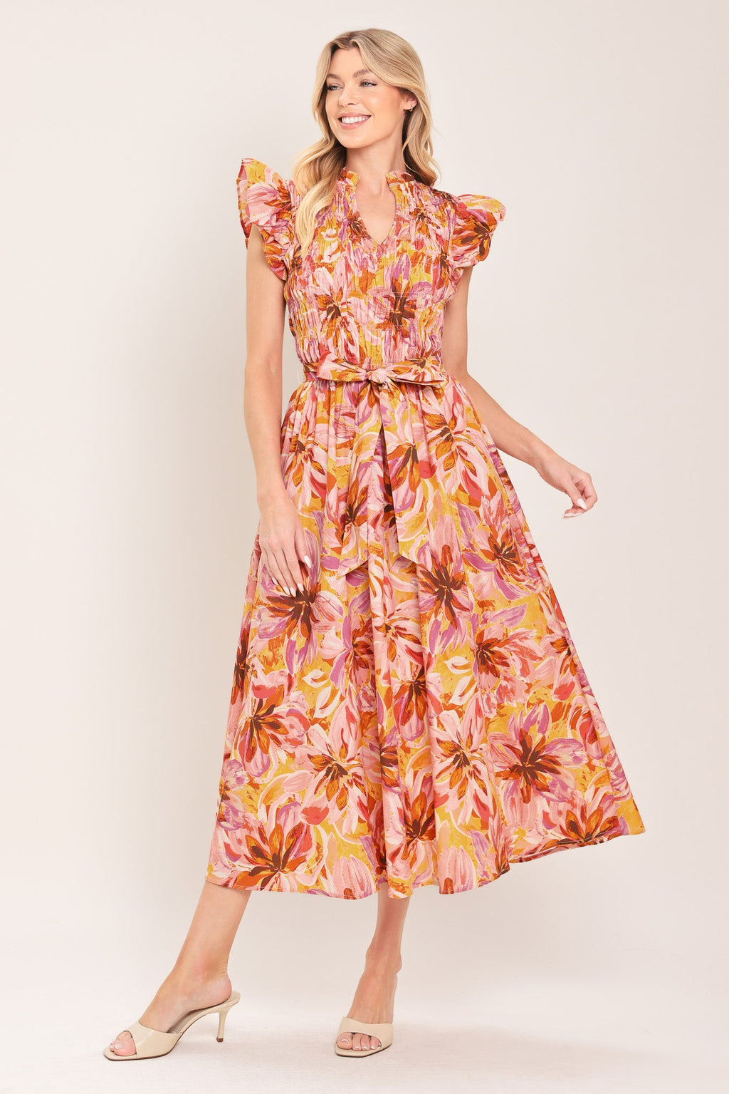 APRICOT BLOSSOM WOVEN MIDI DRESS